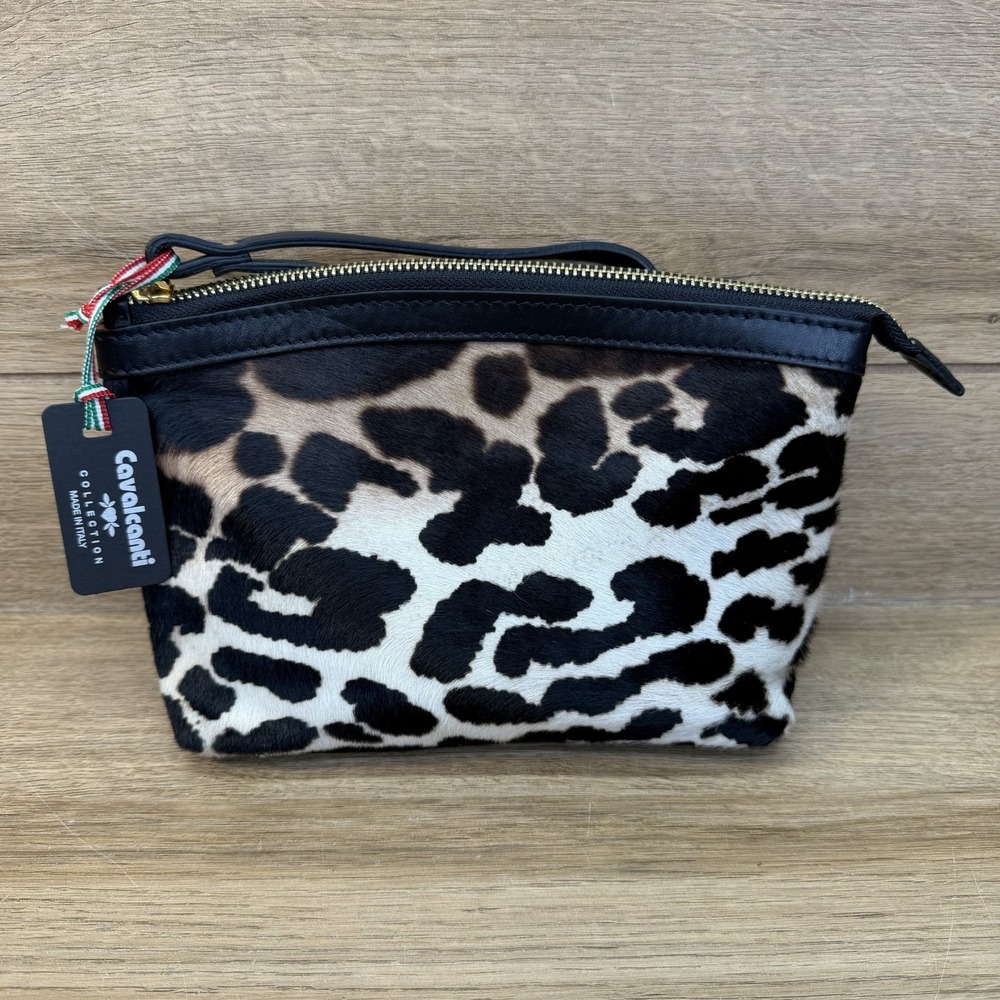 CAVALCANTI Leather and Cowhide Calf Hair Leopard Print Wristlet Clutch Bag NWT